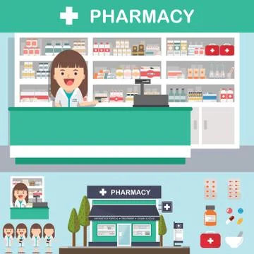 Vector pharmacy drugstore set design Stock Illustration