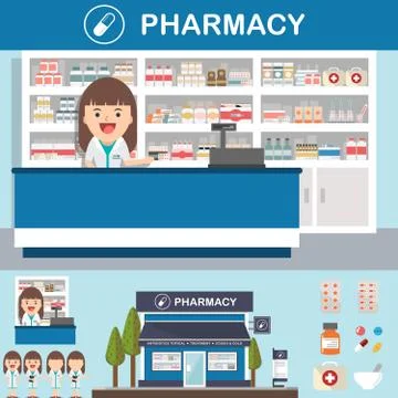 Vector pharmacy drugstore set design Stock Illustration
