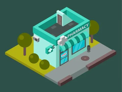Vector pharmacy isometric building isolated city medical shop kiosk pharmacy Ilustración de archivo
