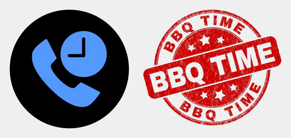 Vector Phone Call Time Icon and Scratched BBQ Time Stamp Seal Stock Illustration