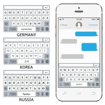 Vector phone chat interface. Sms messenger. Mobile phone virtual keyboards: E Stock Illustration