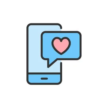 Vector phone with heart bubble, love chat, like message flat color line icon. Illustrazione stock