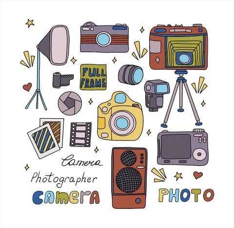 Vector photo cameras sketch set. Hand drawn style. Different types of cameras in Stock Illustration