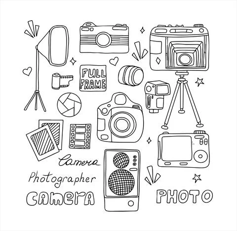Vector photo cameras sketch set. Hand drawn style. Different types of cameras in 库存插图