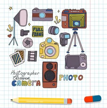 Vector photo cameras sketch set. Hand drawn style. Different types of cameras in Stock Illustration