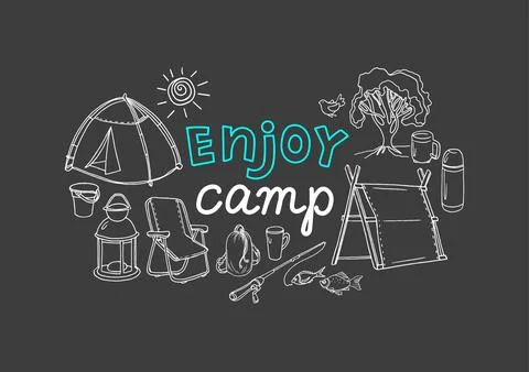 Vector picnic design. Camping. Art line hand drawn illustration Stock Illustration