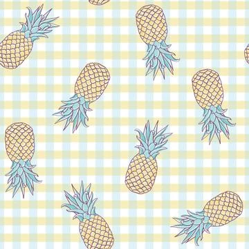 Vector Picnic Pineapples on Plaid seamless pattern design. Stock Illustration