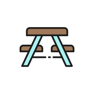 Vector picnic table with benches flat color line icon. Stock Illustration