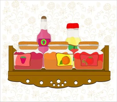Vector picture of kitchen shelf with bottles and jam jars Stock Illustration