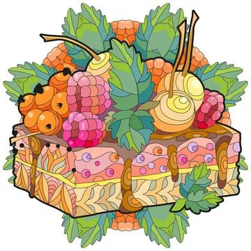 Vector piece of cake with abstract ornaments on a patterned round substrate. 스톡 일러스트