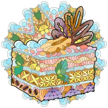 Vector piece of cake with abstract ornaments on a patterned round substrate.. 스톡 일러스트