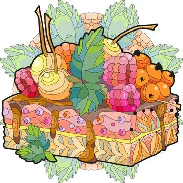 Vector piece of cake with abstract ornaments on a patterned round substrate. Stock Illustration