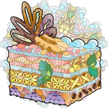 Vector piece of cake with abstract ornaments on a patterned round substrate.. イラスト素材