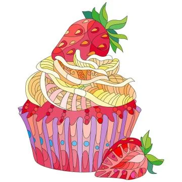 Vector piece of cake with strawberry and abstract ornaments. Ilustración de archivo