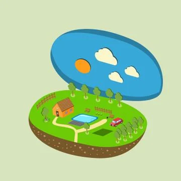 Vector piece of land and sky with objects Stock Illustration