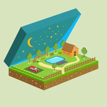 Vector piece of land and sky with objects Stock Illustration