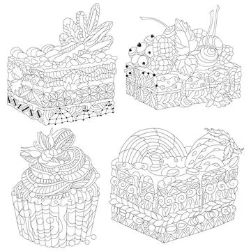 Vector pieces of cake with abstract ornaments for coloring. Ilustración de archivo