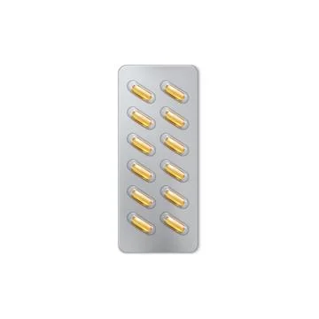 Vector of pill blister pack with yellow capsules. Plastic container with Illustrazione stock