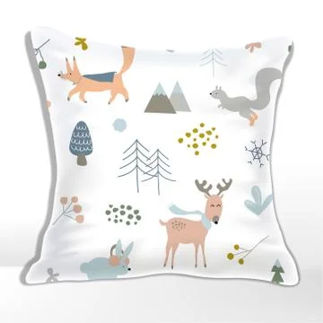 Vector Pillow or Cushion Mockup with Winter Forrest Animals Printed Stock Illustration
