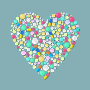 Vector pills and capsules arranged in heart shape. Healthcare medical concept. Stock Illustration