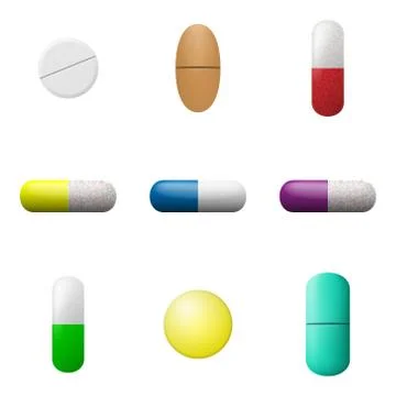 Vector pills and capsules set. Pharmacy drugs icons. Medicament symbols isola Stock Illustration