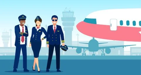 Vector of a pilot, capitan and steward standing on a airplane background Stock Illustration