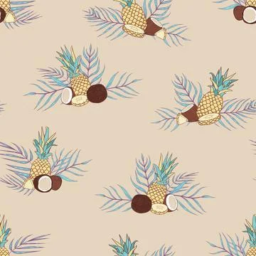 Vector Pina Colada Compositions on Beige seamless pattern background. Stock Illustration