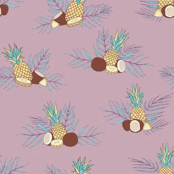 Vector Pina Colada Compositions on Purple seamless pattern background. Stock Illustration