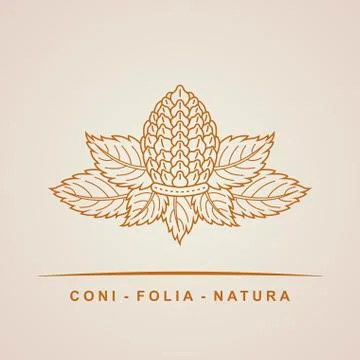 Vector pine cone emblem. Outline leaves Stock Illustration