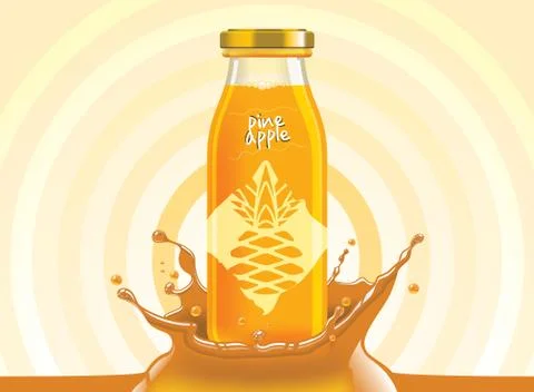 Vector pineapple juice, fruit glass bottle with drop splash Stock Illustration