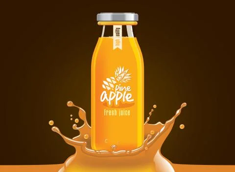 Vector pineapple juice, fruit glass bottle with drop splash Stock Illustration