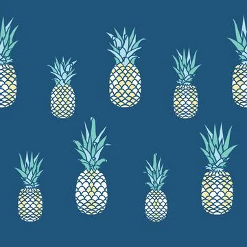 Vector Pineapples in Line on Navy Blue seamless pattern design. Stock Illustration