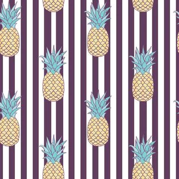 Vector Pineapples on Purple and White Stripes seamless pattern design. Stock Illustration