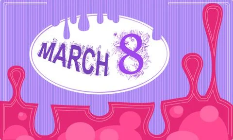 Vector pink and violet card eight march with frame and drops Stock Illustration