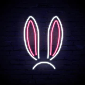 Vector pink and white neon rabbit ears isolated on dark brick background. 스톡 일러스트