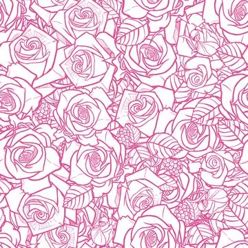 Vector pink and white roses and berries flowerbed outline seamless pattern. P Stock Illustration