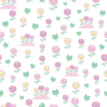 Vector pink and yellow smiling floral seamless pattern background.  Stock Illustration