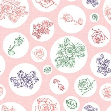 Vector pink backgound with rose illustrations and circles seamless pattern. P Stock Illustration