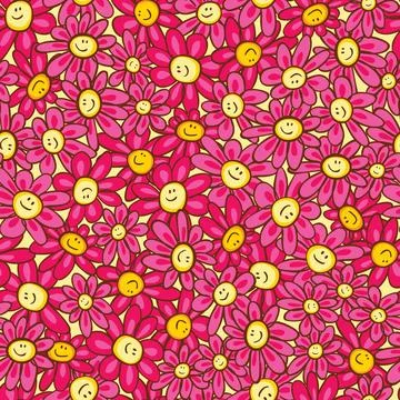 Vector pink doodle cute happy smiley face daisy flowers seamless repeat pat.. Stock Illustration