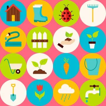 Vector Pink Flat Gardening Tools Seamless Pattern with Circles 스톡 일러스트