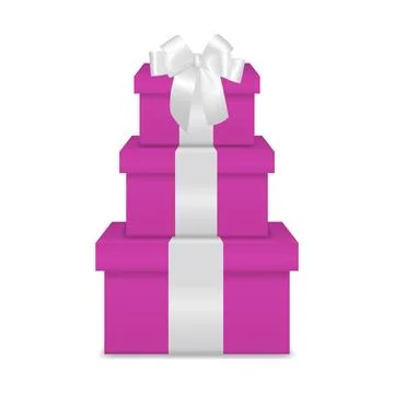 Vector Pink Gift Box Tower with White Ribbon. Stacked Pink Present Boxes. Cute Stock Illustration