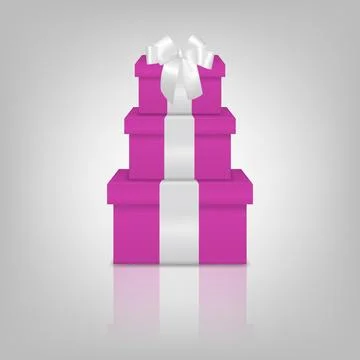 Vector Pink Gift Box Tower With White Ribbon. Stacked 3d Present Boxes. Luxury Stock Illustration