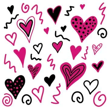 Vector pink hearts set for wedding and valentine design. Doodle illustrations Stock Illustration