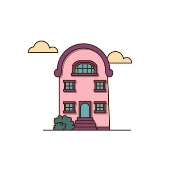 Vector Pink house with an unusual shape icon. Vector house with five windows and Stock Illustration