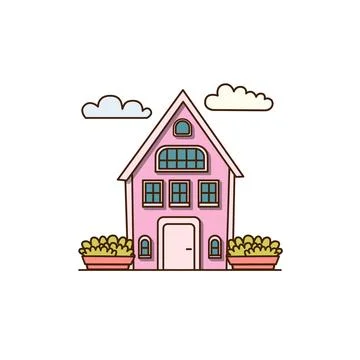 Vector pink house with a vegetable garden and a white roof icon. Vector large Stock Illustration