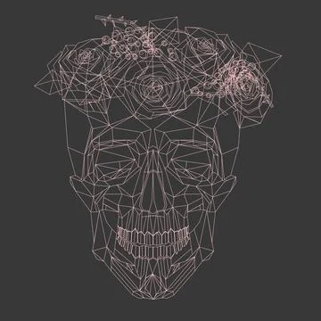 Vector pink line low poly skull with floral wreath on dark gray background Illustrazione stock