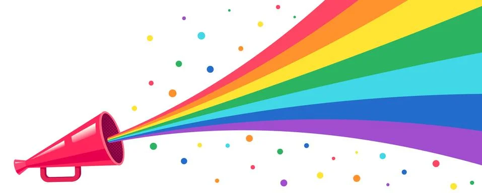 Vector pink megaphone with rainbow. 库存插图
