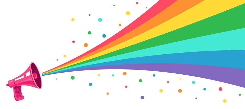 Vector pink megaphone with rainbow. Stock Illustration