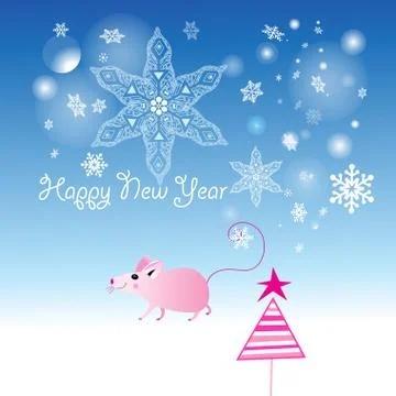 Vector pink mouse for New year on blue background Stock Illustration