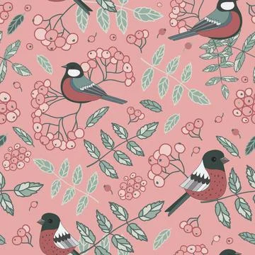 Vector pink pastel ash berries and birds texture background seamless pattern  Stock Illustration